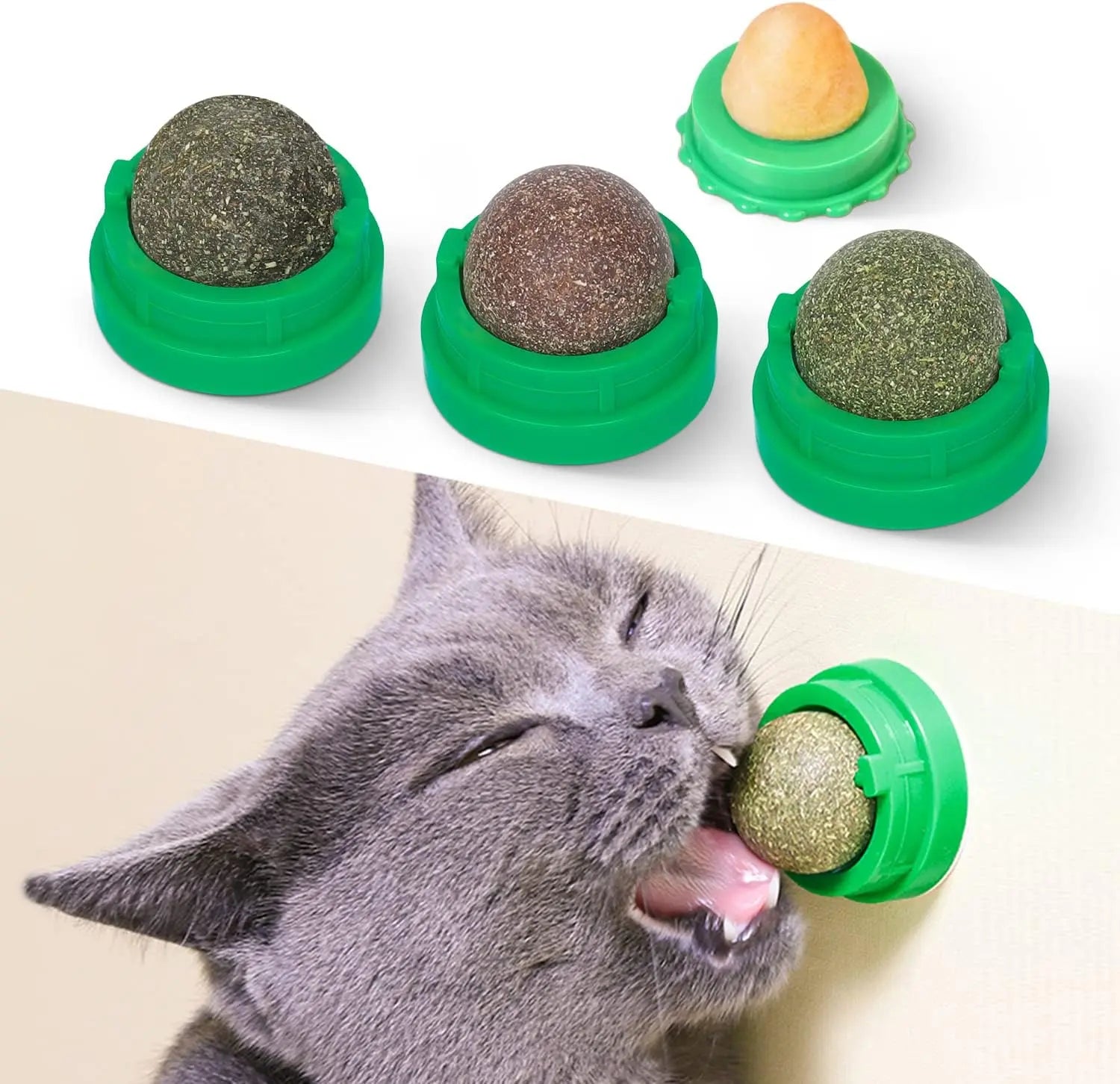 Catnip Toys Balls 4Pcs, Extra Energy Ball, Edible Kitten Silvervine Toys for Cats Lick, Healthy Teeth Cleaning Dental Toys, Cat Wall Treats (Green)