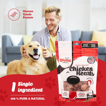 Winni Treats Freeze Dried Chicken Hearts Dog Treats - 100% Natural High Protein Snack Made in USA, Single Ingredient, Supports Strong Muscles, 3.75Oz