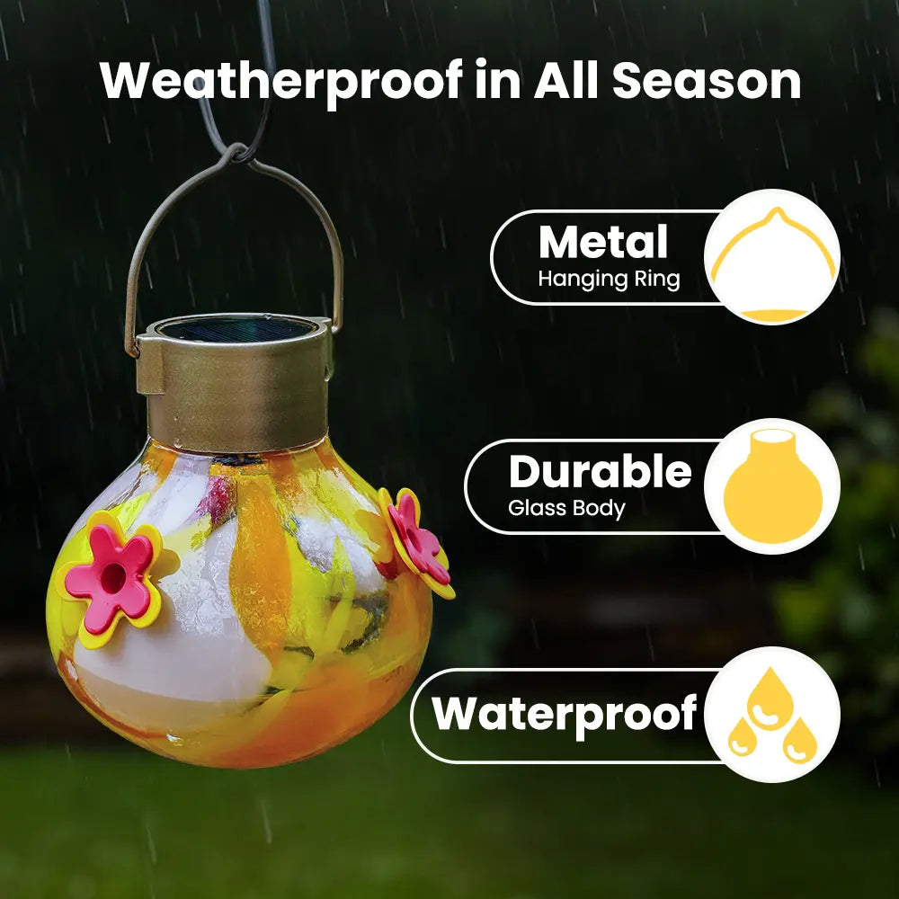 Vinguys Solar Hummingbird Feeder with Light – 13.5Oz Glass, 3-Port Garden Feeder, Auto-On at Night, Waterproof, Soft Glow