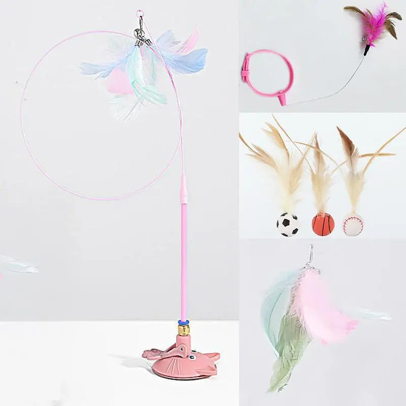 Cat Wand Toys with Suction Cup, Interactive Feathersimulation Cat Toy Set,Cat Teaser Cat Toys,Flexible Steelwire and 2Pcs Replacement Feather Reflls with Bells.Catteaser Pettoys Halloween Kitten Christmas Feathered