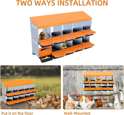 Chicken Nesting Boxes, 10 Hole Metal Chicken Laying Box with with Removable Trays and Roll Out Egg Collection for Chicken Coop, Orange