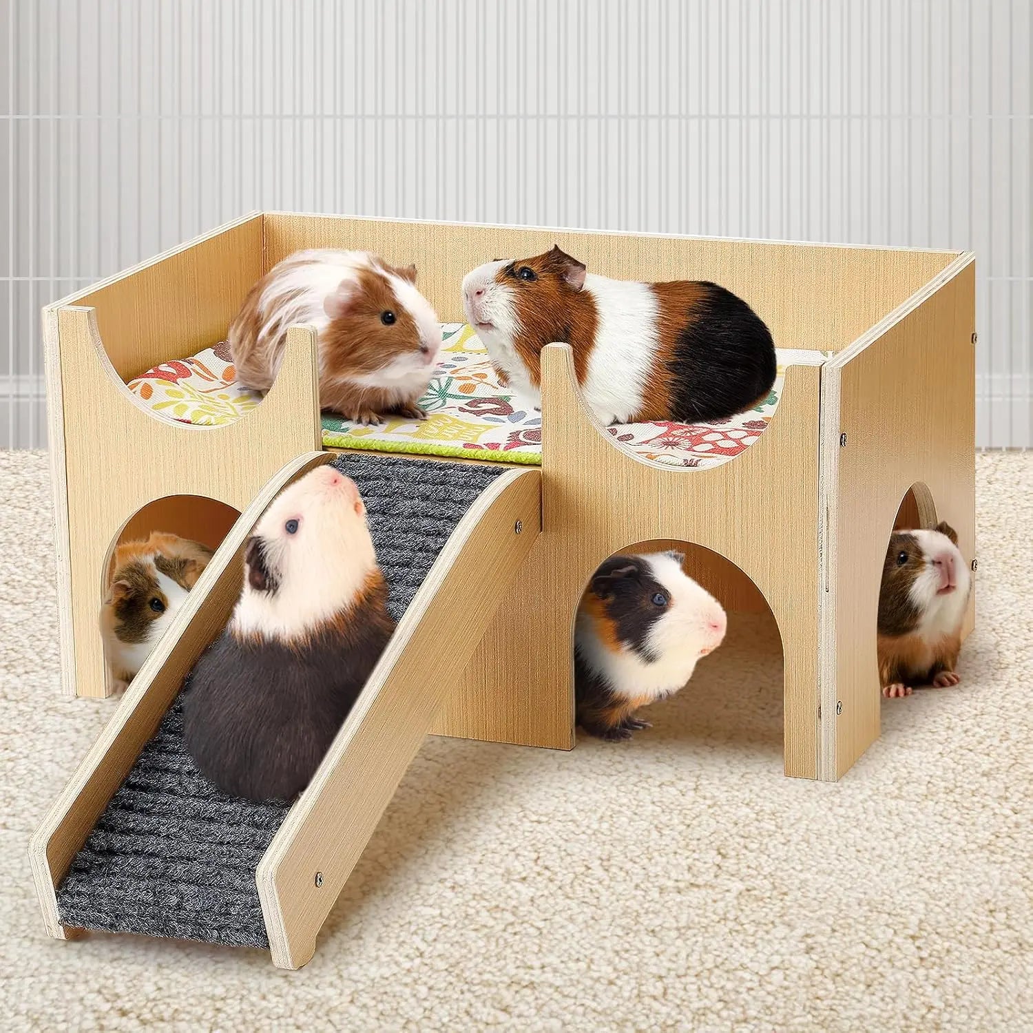 Upgraded Guinea Pig Castle, Sturdy Wooden Guinea Pig Hideout, Small Animal House Bed Hut Habitats with Stairs, Easy to Assemble for Hamsters Bunny Chinchillas Playing Hiding