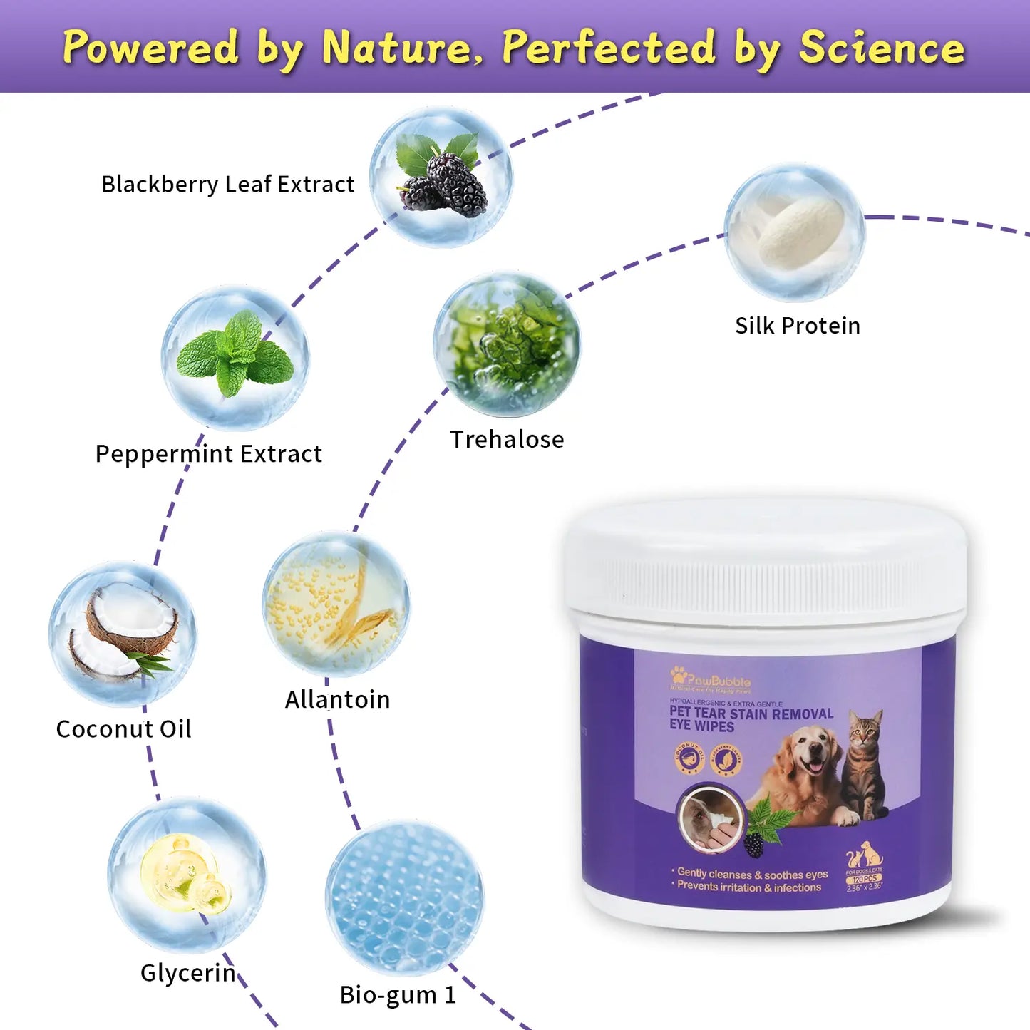 Pawbubble Eye Wipes for Dogs & Cats, Tear Stain Remover for Dogs, Gently Cleans Tear Stains and Debris, Safe for Sensitive Eyes, 120 Counts