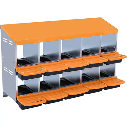 Chicken Nesting Boxes, 10 Hole Metal Chicken Laying Box with with Removable Trays and Roll Out Egg Collection for Chicken Coop, Orange