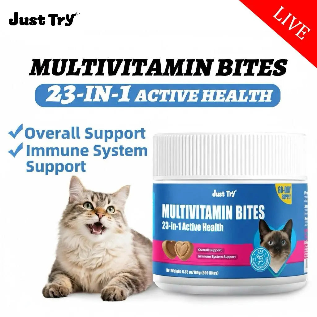 【Live Big Deal】Just Try All-In-One Cat Vitamin Bites for Overall Health Support - Cat Multivitamin with Taurine, L Lysine, Fish Oil for Immune, Heart, Vision & Skin Health - Delicious Soft Chews for Indoor Cats & Kittens