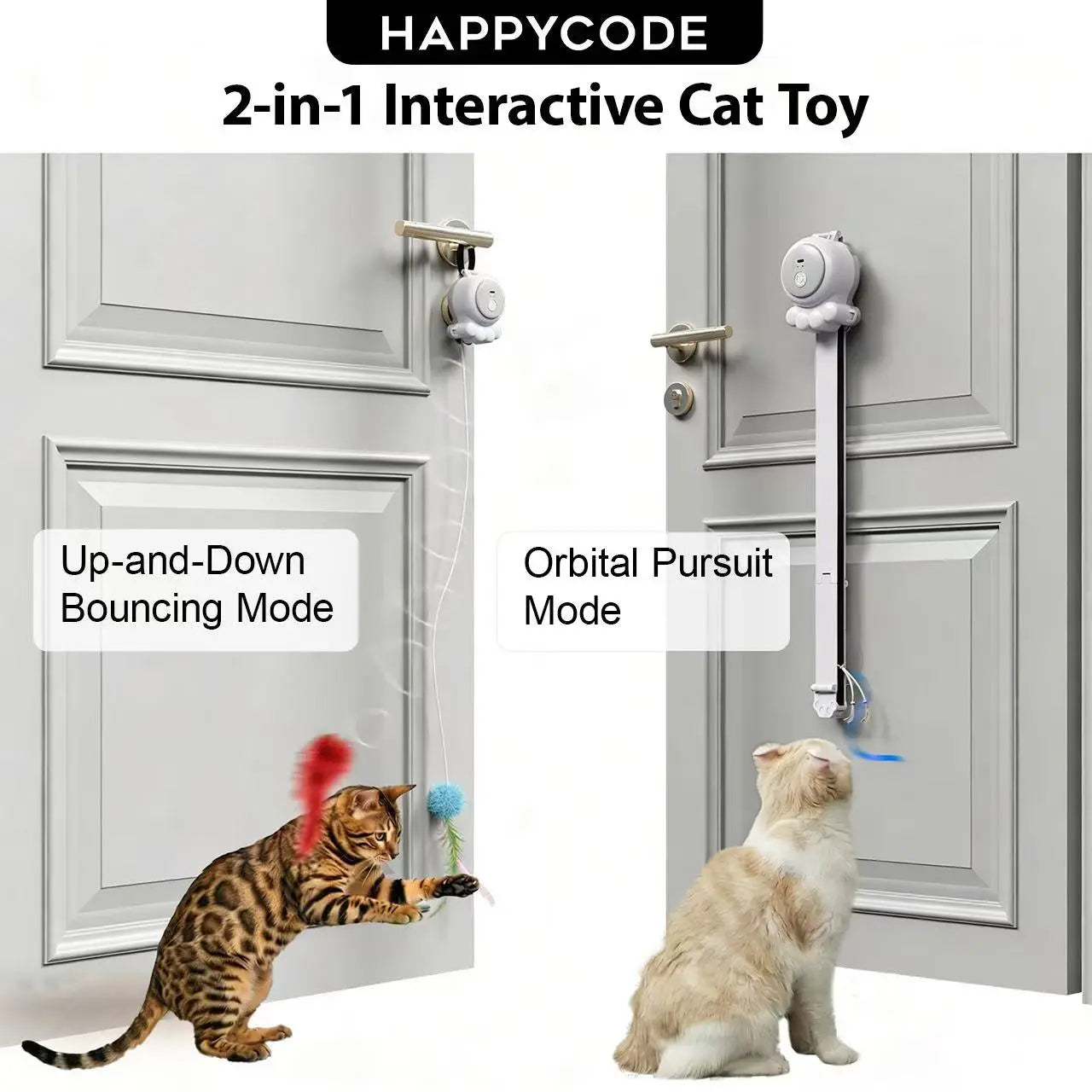 HAPPYCODE 2-In-1 Electric Cat Wand – Rechargeable Auto Indoor Toy, Suction & Hanging Design, 2 Modes (Track Chase + Bounce), Perfect for Kittens & Adult Cats, Ultimate Cat Gift,Stimulating Cat Toys