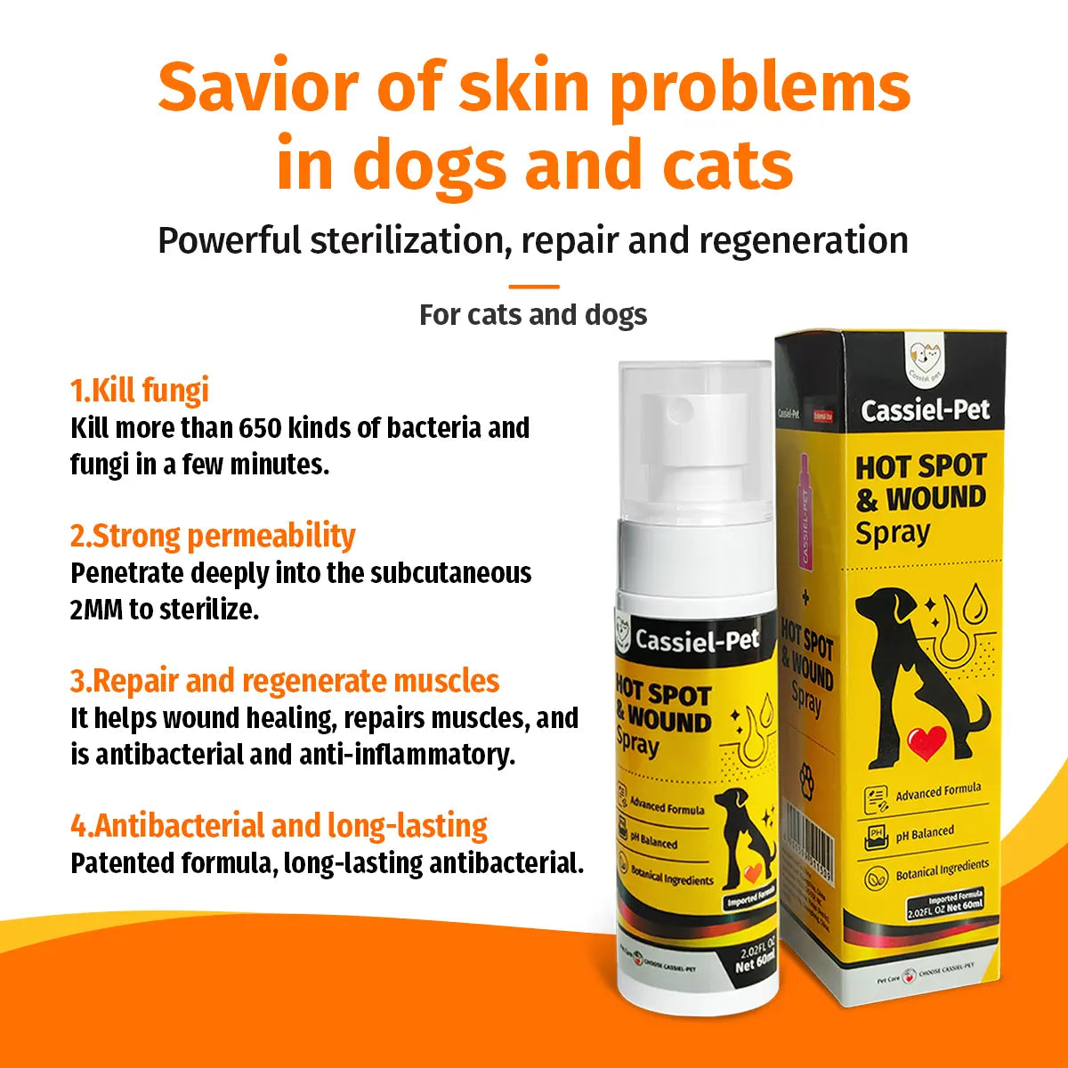 Cassiel Pet HOT SPOT&WOUND Spray,Pet Skin Sprays for Dogs&Cats-Nature Soothing Spray for Clean and Soft Skin,Reduces Itchy Scratching,Packaging Upgrade
