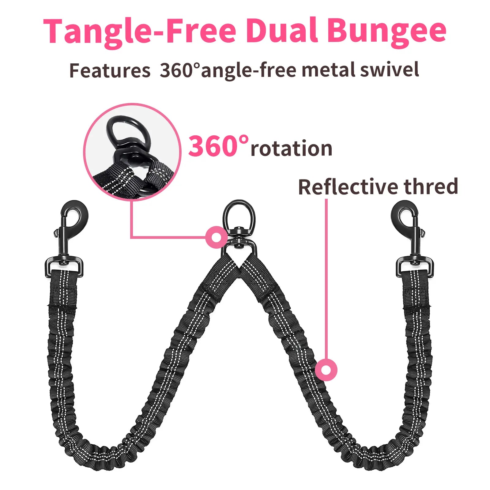 Taigepets Double Dog Leash, Dual Dog Leash, 360° Swivel Tangle Free Bungee Walking Training for Large Medium Dogs, Shock Absorbing Bungee Reflective for Two Dogs Duoleash Tangle Free Leash Doggear Maker Bungeeleash Easy Harness Cuban Link Collar Aut