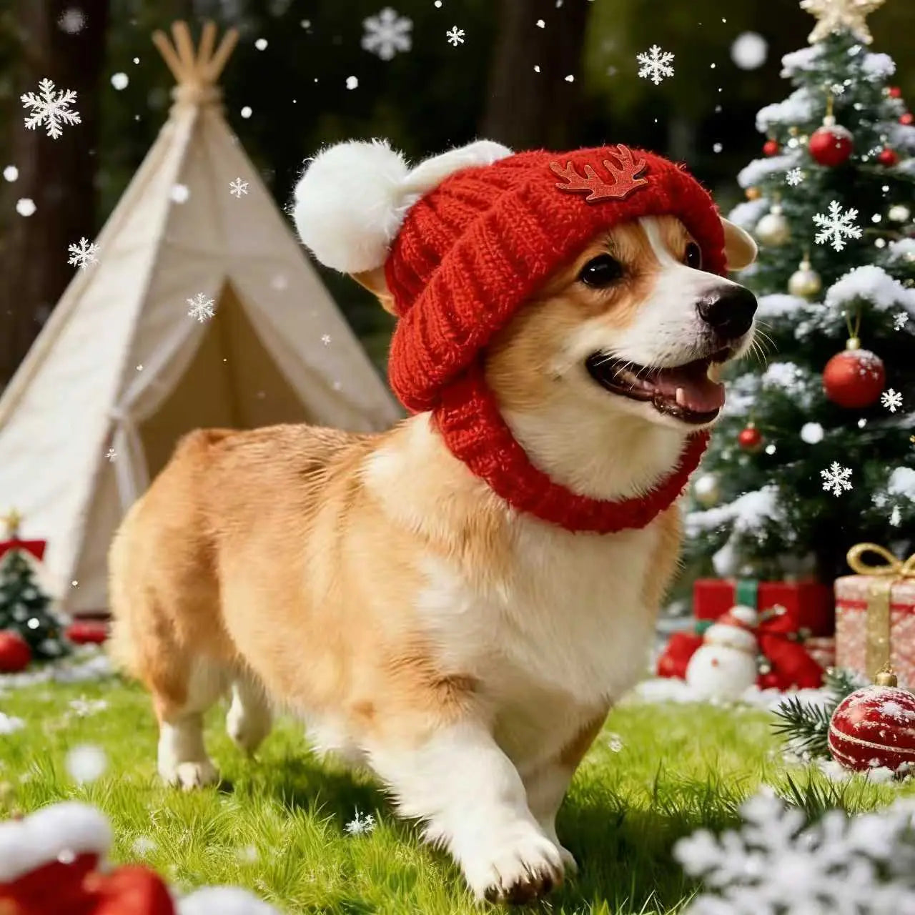 Red Knit Dog Beanie with Ear Flaps – Warm Soft Winter Hat for Small Dogs, Indoor/Outdoor, Machine Washable