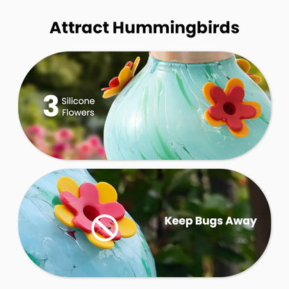 Vinguys Solar Hummingbird Feeder with Light – 13.5Oz Glass, 3-Port Garden Feeder, Auto-On at Night, Waterproof, Soft Glow