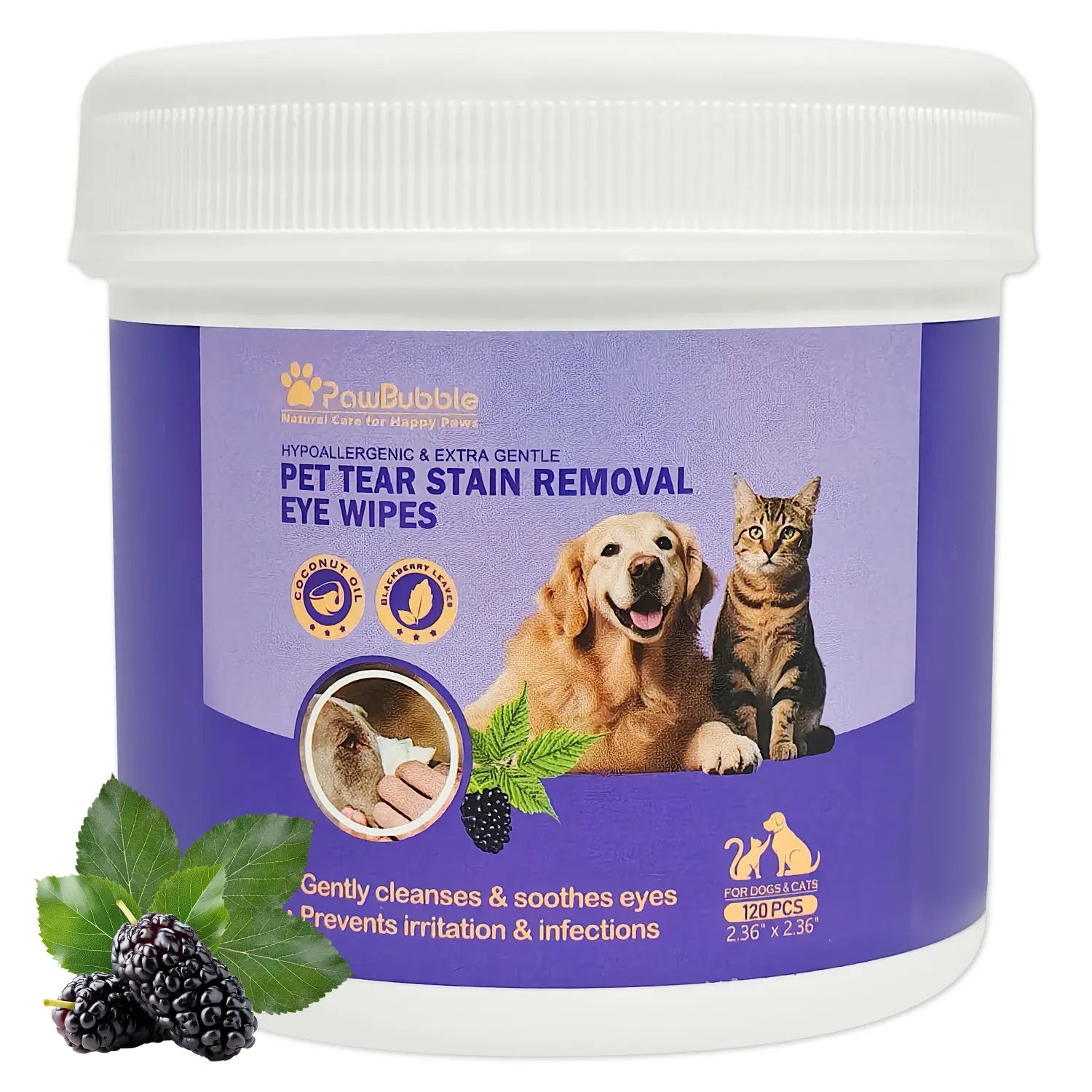 Pawbubble Eye Wipes for Dogs & Cats, Tear Stain Remover for Dogs, Gently Cleans Tear Stains and Debris, Safe for Sensitive Eyes, 120 Counts