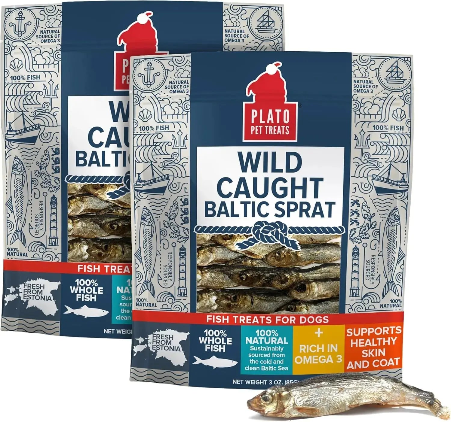Plato Wild-Caught Baltic Sprat Dog Treats | Single-Ingredient Whole Fish | Omega-3 Skin & Coat Support | Grain-Free Air-Dried | 3Oz & 7.5Oz