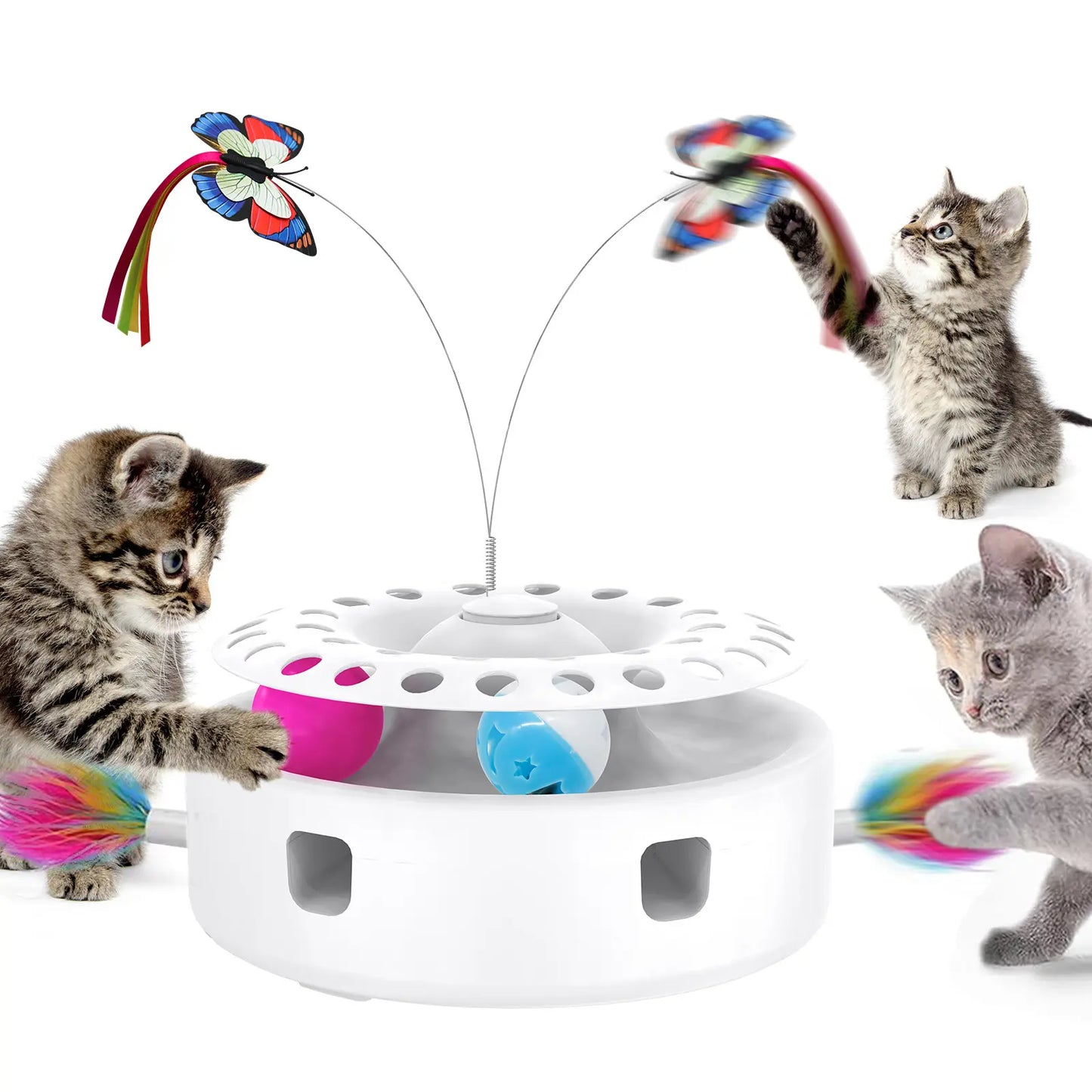 Cat Toys 3 in 1 Interactive Wobbling Cat Roller Toy , Moving Feather, 360° Rotating Food Leakage Device,Solve Cat Anxiety and Attract Cats to Play